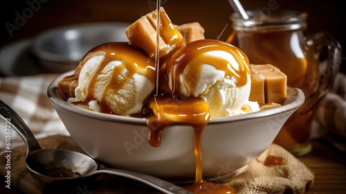vanilla ice cream in a bowl with molten butterscotch Generative AI, AI Generated