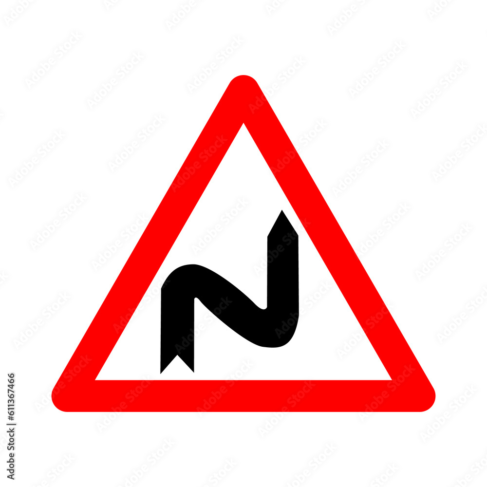 A few turns sign. Warning sign several turns. Red triangle sign with a silhouette of twisting line inside. Caution on the road. Dangerous turns with the first turn to the right. Road sign. A few turns sign. Warning sign several turns. Red triangle sign with a silhouette of twisting line inside. Caution on the road. Dangerous turns with the first turn to the right. Road sign.