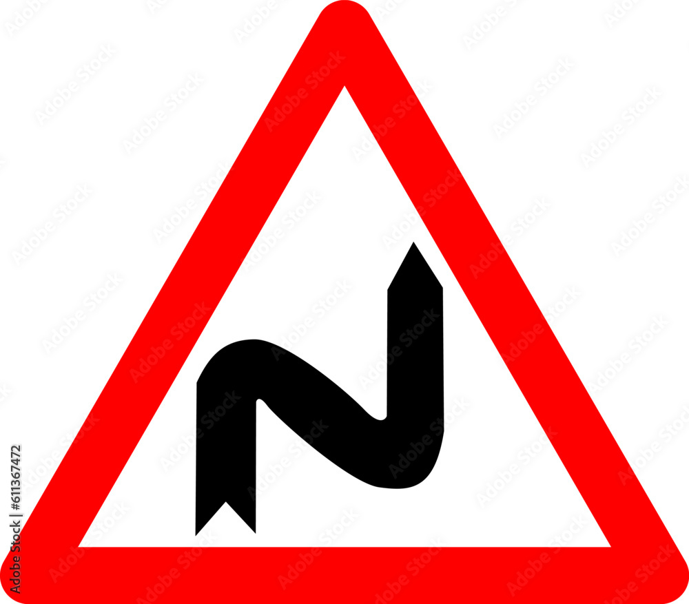 A few turns sign. Warning sign several turns. Red triangle sign with a silhouette of twisting line inside. Caution on the road. Dangerous turns with the first turn to the right. Road sign. A few turns sign. Warning sign several turns. Red triangle sign with a silhouette of twisting line inside. Caution on the road. Dangerous turns with the first turn to the right. Road sign.
