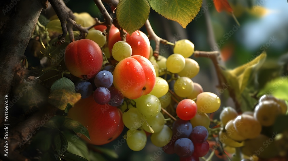 ripe red grapes on the vine in the garden Generative AI, AI Generated