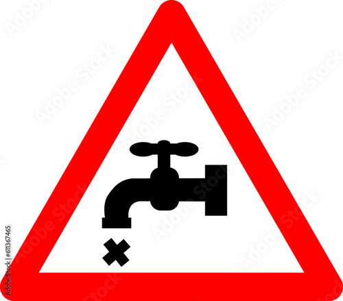 No water sign. Warning sign no water in tap. Red triangle sign with tap silhouette inside. Caution drought. Water shortage. Road sign. Natural disasters and climate change. Drought warnings.