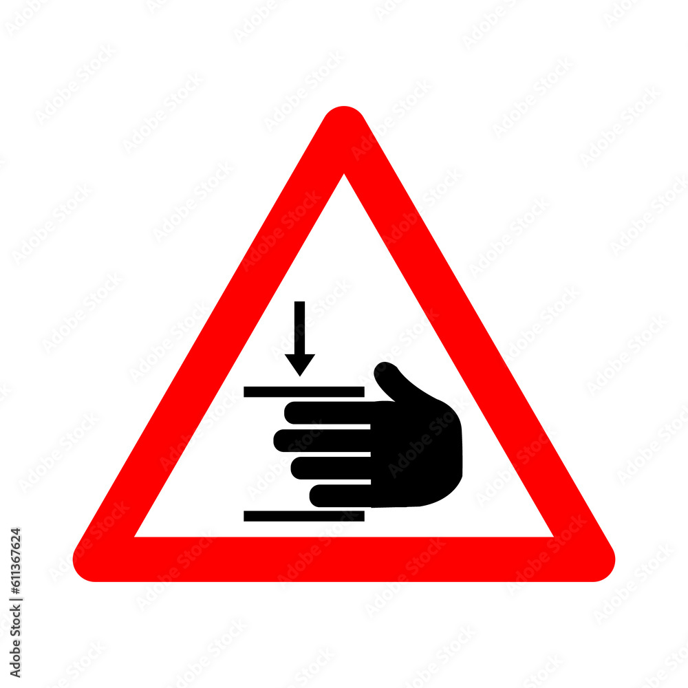 Hand crush sign. Hand injury sign. Hand Pinch Point Sign. Warning sign. Red triangle sign with hand icon and pressure inside. Risk of hand injury. The force of crushing hands from above. Hand crush sign. Hand injury sign. Hand Pinch Point Sign. Warning sign. Red triangle sign with hand icon and pressure inside. Risk of hand injury. The force of crushing hands from above.