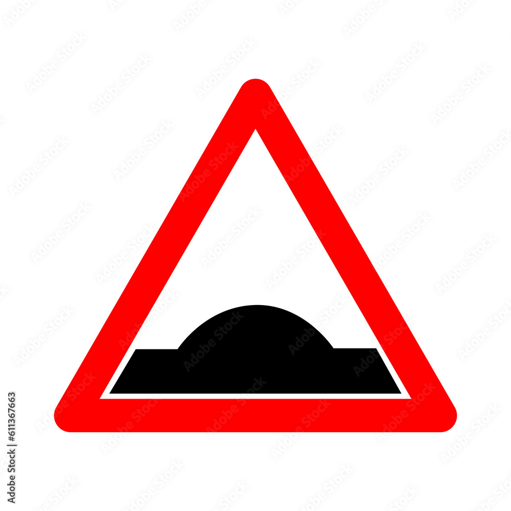 Speed bump sign. Warning sign roughness on the road. Red triangle sign with silhouette tubercle inside. Caution, sections road with bumps. Hillock sign. Speed bump sign. Warning sign roughness on the road. Red triangle sign with silhouette tubercle inside. Caution, sections road with bumps. Hillock sign.