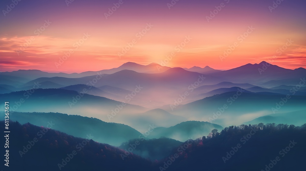beautiful mountain landscape with clouds and sunrise Generative AI, AI Generated