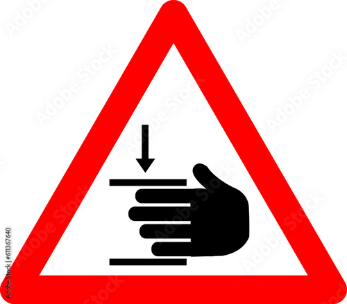 Hand crush sign. Hand injury sign. Hand Pinch Point Sign. Warning sign. Red triangle sign with hand icon and pressure inside. Risk of hand injury. The force of crushing hands from above.