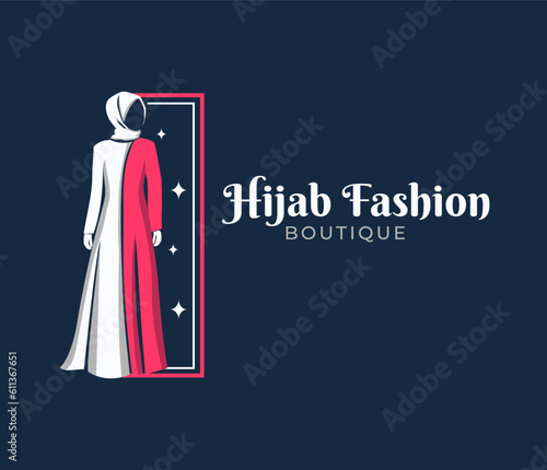 Beauty muslim woman in hijab fashion   logo design template in  line style
