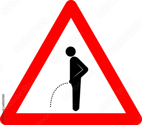 Sign peeing on floor. Warning sign peeing on floor. Red triangle sign with silhouette man peeing on the floor inside. Caution. Urination. Keep the toilet clean. Pee sticker.