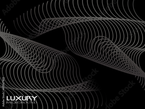 Black abstract background design. Modern wavy lines pattern (guilloche curves) in monochrome colors. Premium line texture for banners, business backgrounds. Dark horizontal vector template.