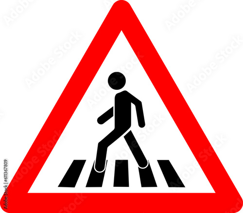 Pedestrian crossing sign. Warning sign pedestrian crossing. Red triangle sign with silhouette man walking along crosswalk inside. Caution unregulated pedestrian crossing. Road sign.