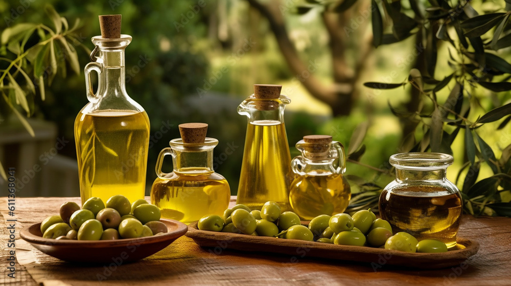 Extra virgin olive oil in glass bottles and green olives on wooden table Extra virgin olive oil in glass bottles and green olives on wooden table