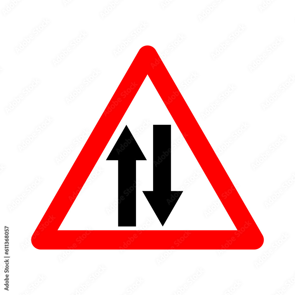 Two way traffic sign. Warning sign two way traffic. Red triangle sign with arrows silhouette inside. Caution entering two way road. Road sign. Traffic in both directions. Two way traffic sign. Warning sign two way traffic. Red triangle sign with arrows silhouette inside. Caution entering two way road. Road sign. Traffic in both directions.