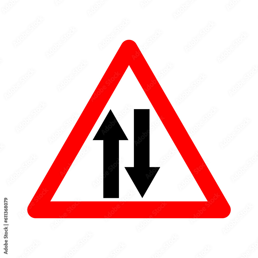 Two way traffic sign. Warning sign two way traffic. Red triangle sign with arrows silhouette inside. Caution entering two way road. Road sign. Traffic in both directions. Two way traffic sign. Warning sign two way traffic. Red triangle sign with arrows silhouette inside. Caution entering two way road. Road sign. Traffic in both directions.