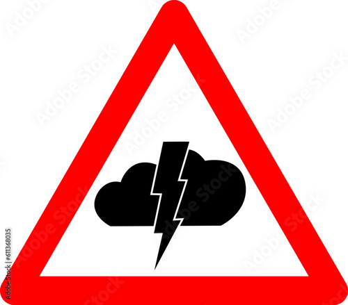 Storm warning sign. Red triangle sign with lightning and cloud icon inside. Beware of bad weather. Thunderstorm danger. Watch out for lightning bolts. Hurricane, thunderstorm, storm, squally wind.