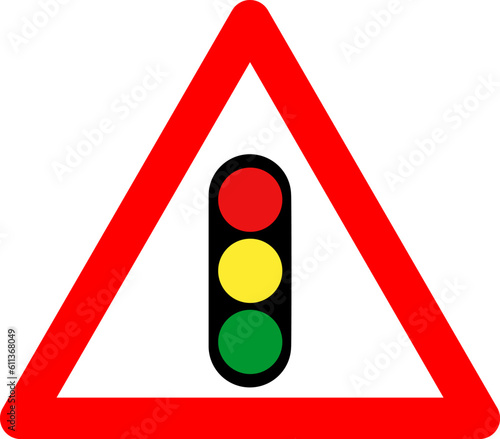 Traffic light regulation sign. Warning sign traffic is regulated by traffic light. Red triangle sign with traffic light silhouette inside. Caution traffic light. Road sign.