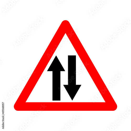 Two way traffic sign. Warning sign two way traffic. Red triangle sign with arrows silhouette inside. Caution entering two way road. Road sign. Traffic in both directions. Free Download Two way traffic sign. Warning sign two way traffic. Red triangle sign with arrows silhouette inside. Caution entering two way road. Road sign. Traffic in both directions. - GFXLoad