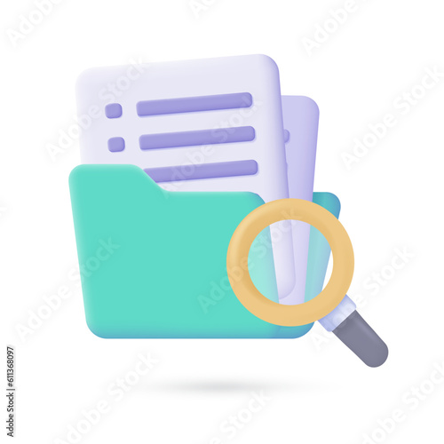 Vector icon magnifying glass on document isometric 3d style.