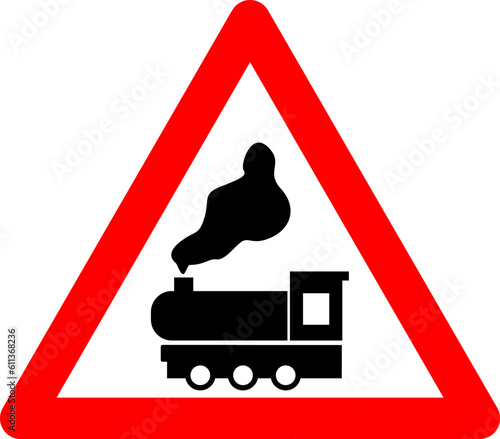 Railway crossing sign without barrier. Warning sign railroad crossing. Red triangle sign with train silhouette inside. Caution railway ahead. Road sign.