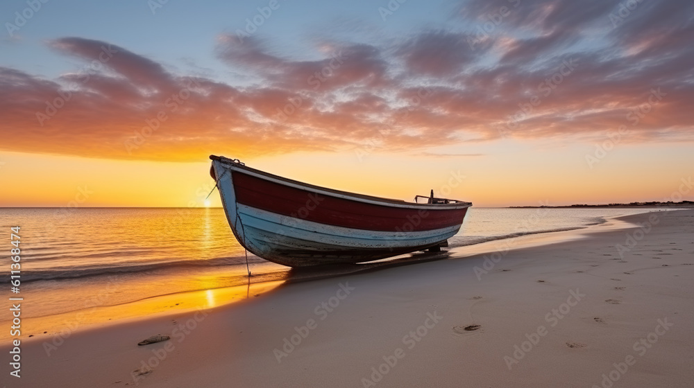 Boat on the beach at sunset. Generative AI