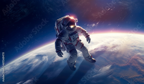 Astronaut in space over a planet with the sun shinning, in the style of ethereal cloudscapes. Generative Ai.