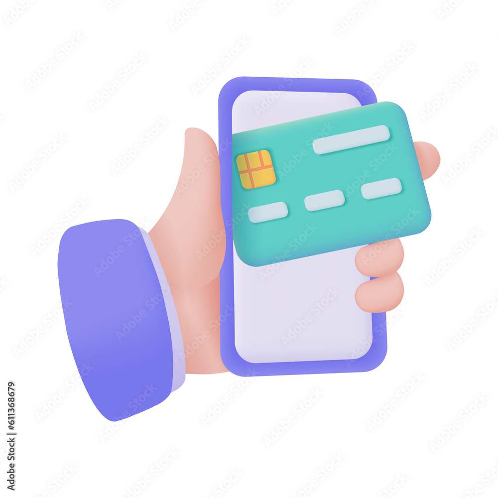Credit card in phone. 3d illustration. Cashless society concept. online shopping with mobile phone Credit card in phone. 3d illustration. Cashless society concept. online shopping with mobile phone