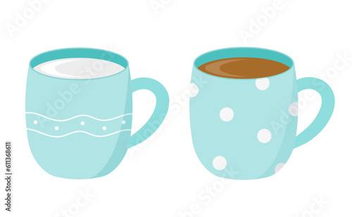 Mug of coffee and milk. Vector illustration in flat style. Isolated on white background.