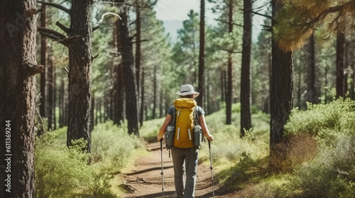 Anonymous hiker with backpack and trekking poles walking on a path in the forest with tall trees during a hiking. Generative AI