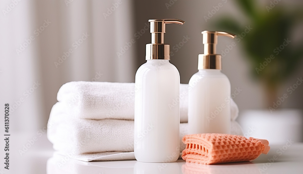 A Clean and Tidy Arrangement of Soap Dispenser and Towels on a Pristine White Table. Generative AI A Clean and Tidy Arrangement of Soap Dispenser and Towels on a Pristine White Table. Generative AI