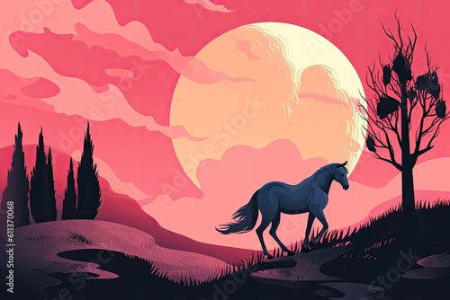 Illustration of a beautiful horse on the background of a big moon. Generative AI