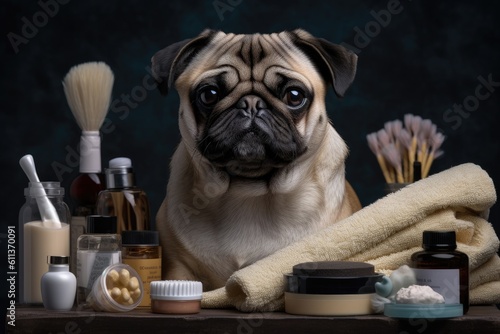 Cute dog with cosmetics, beauty treatments for pets. Grooming salon. Generative AI © Iryna