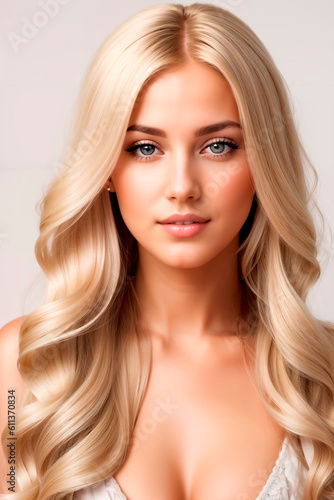 Blonde girl with long and shiny wavy hair on grey background. Beautiful model with curly hairstyle. Generative AI.