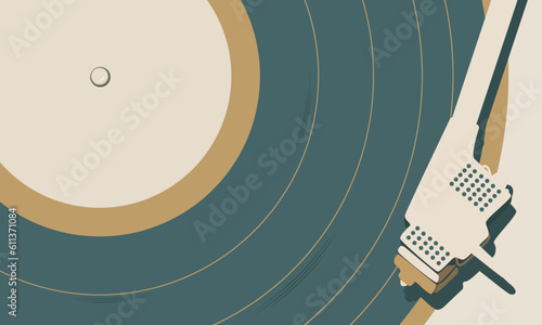 Retro music turntable for vinyl records. Vintage gramophone sound player audio disc in soft gree biege color. Vector realistic 3d illustration on biege background. 