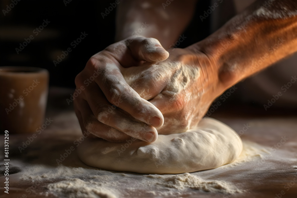 closeup of hands kneading dough on bench with flour, made with generative ai