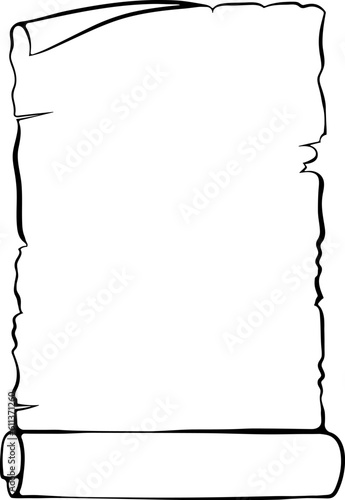 Vertical scroll unrolled old papyrus. Ancient scroll with copyspace. Vector illustrations in hand drawn sketch style isolated on white. Black outline graphics. Banner parchment with place for text