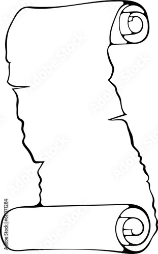 Vertical scroll unrolled old paper. Ancient scroll with copyspace. Vector illustrations in hand drawn sketch style isolated on white. Black outline graphics. Banner parchment with space for text