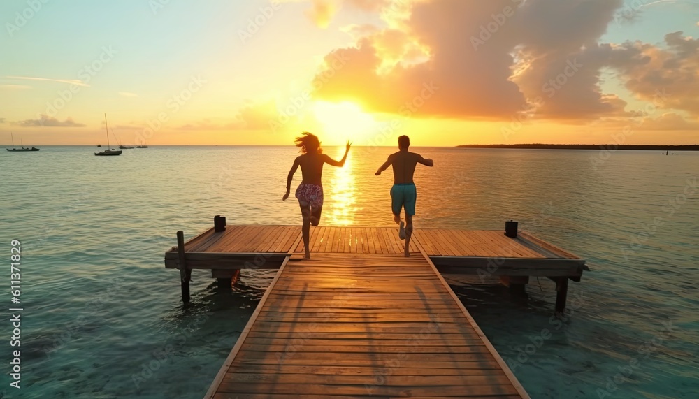 A mixed race couple jumping off a jetty into the sea. Summer. Sunset. A mixed race couple jumping off a jetty into the sea. Summer. Sunset.