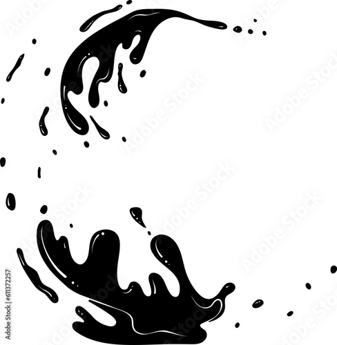 Drops of ink, water or paint. Spray of fountain. Silhouette splashes of fluid. Black vector illustration in hand drawn style. Splash water motion. Abstract shapes