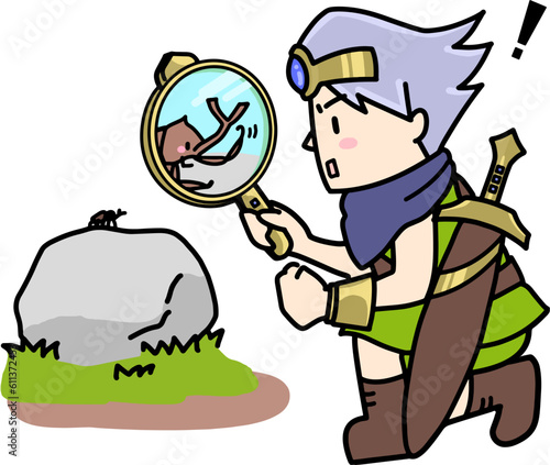 虫眼鏡で何かを見つけた勇者のイラスト