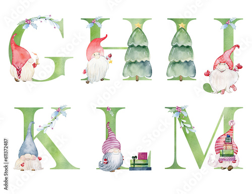 Watercolor christmas gnomes letters for invitation card, nursery poster and other. Wall art decor.