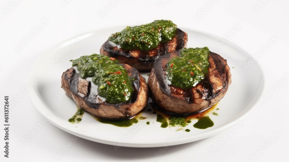 A plate of grilled portobello mushroom steaks with chimichurri sauce on White Background with copy space for your text created with generative AI technology A plate of grilled portobello mushroom steaks with chimichurri sauce on White Background with copy space for your text created with generative AI technology