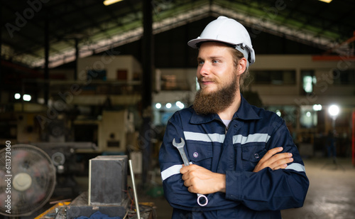 Portrait of mechanical engineers are checking the working condition of an old machine that has been used for some time. In a factory where natural light shines onto the workplace