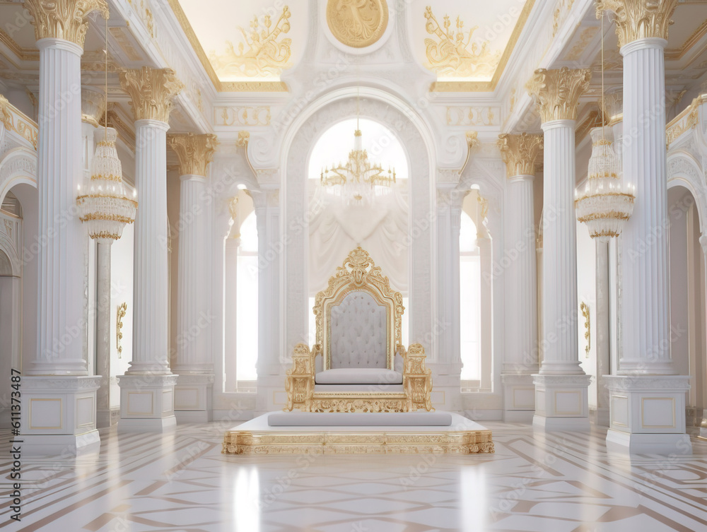 Decorated empty throne hall. White throne.