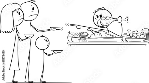 Rich Eating Person Refusing to Share Food With Hungry People, Vector Cartoon Stick Figure Illustration