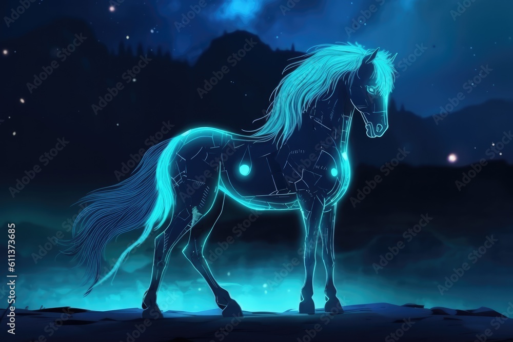 Wild horse in a fantastic and dreamlike setting. Generative AI Wild horse in a fantastic and dreamlike setting. Generative AI