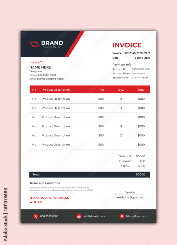 Red black clean business invoice design template