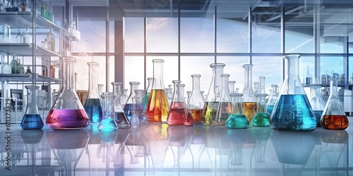 AI Generated. AI Generative. Chemical medicine laboratory set of volumetric glassware bottles for researh. Graphic Art photo