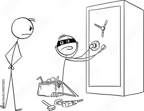 Thief Opening Vault , Vector Cartoon Stick Figure Illustration