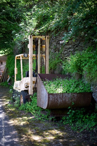 Pelleteuse laissée à l'abandon, la nature reprend ses droits plante vieux ancien photo