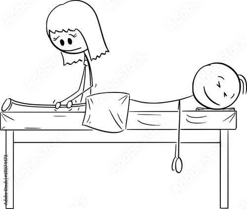Leg Massage Therapy, Vector Cartoon Stick Figure Illustration