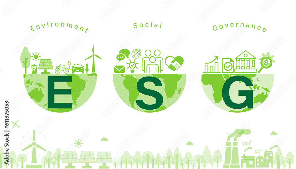 ESG concept of environmental, social and governance vector illustration with green icons in half world on white background. ESG concept of environmental, social and governance vector illustration with green icons in half world on white background.