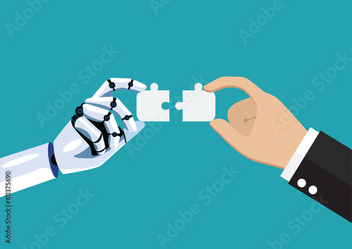 Businessman and AI robot hand connect jigsaw puzzle together